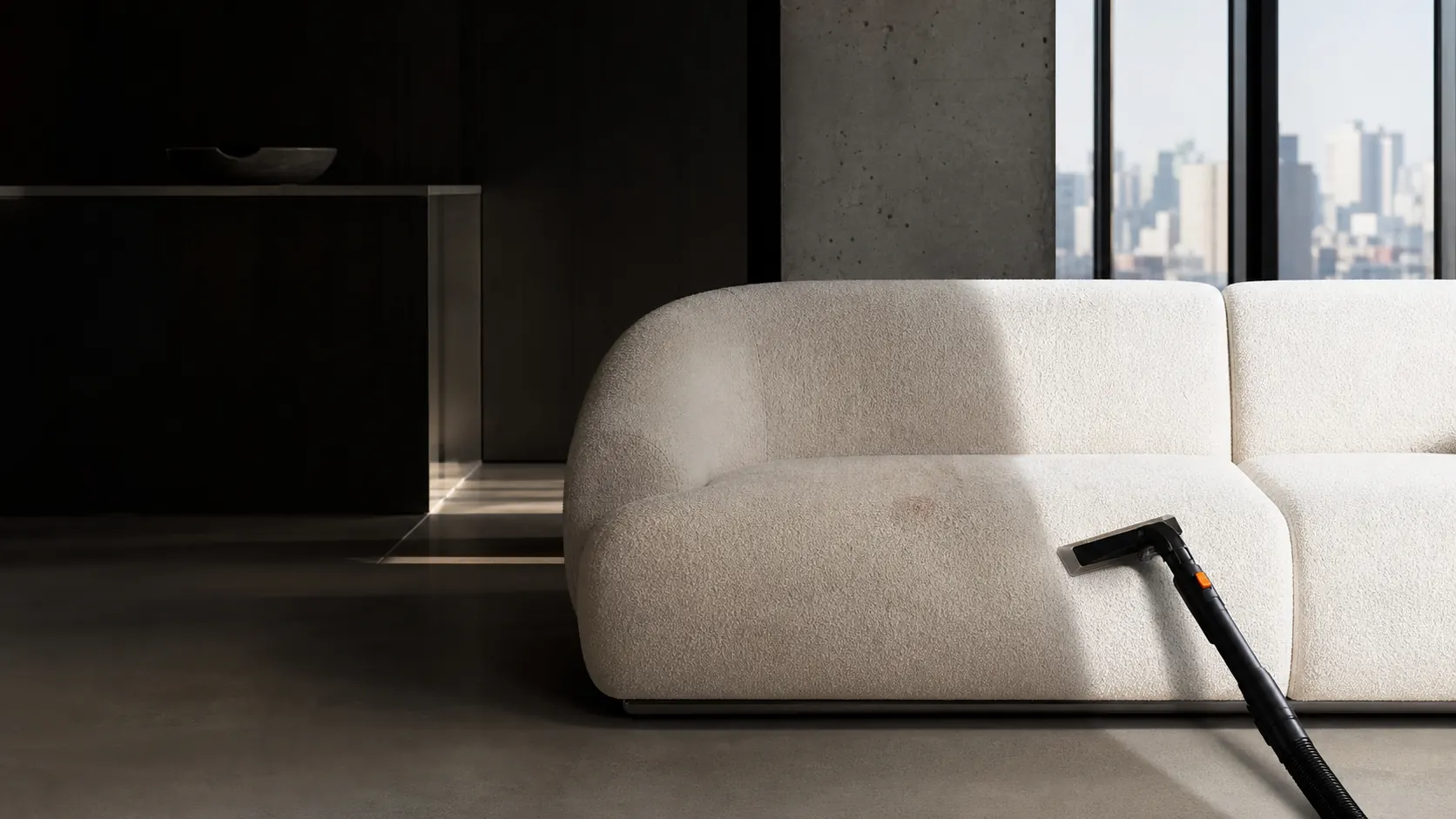 Professional extraction cleaning of a cream sofa in a New York interior