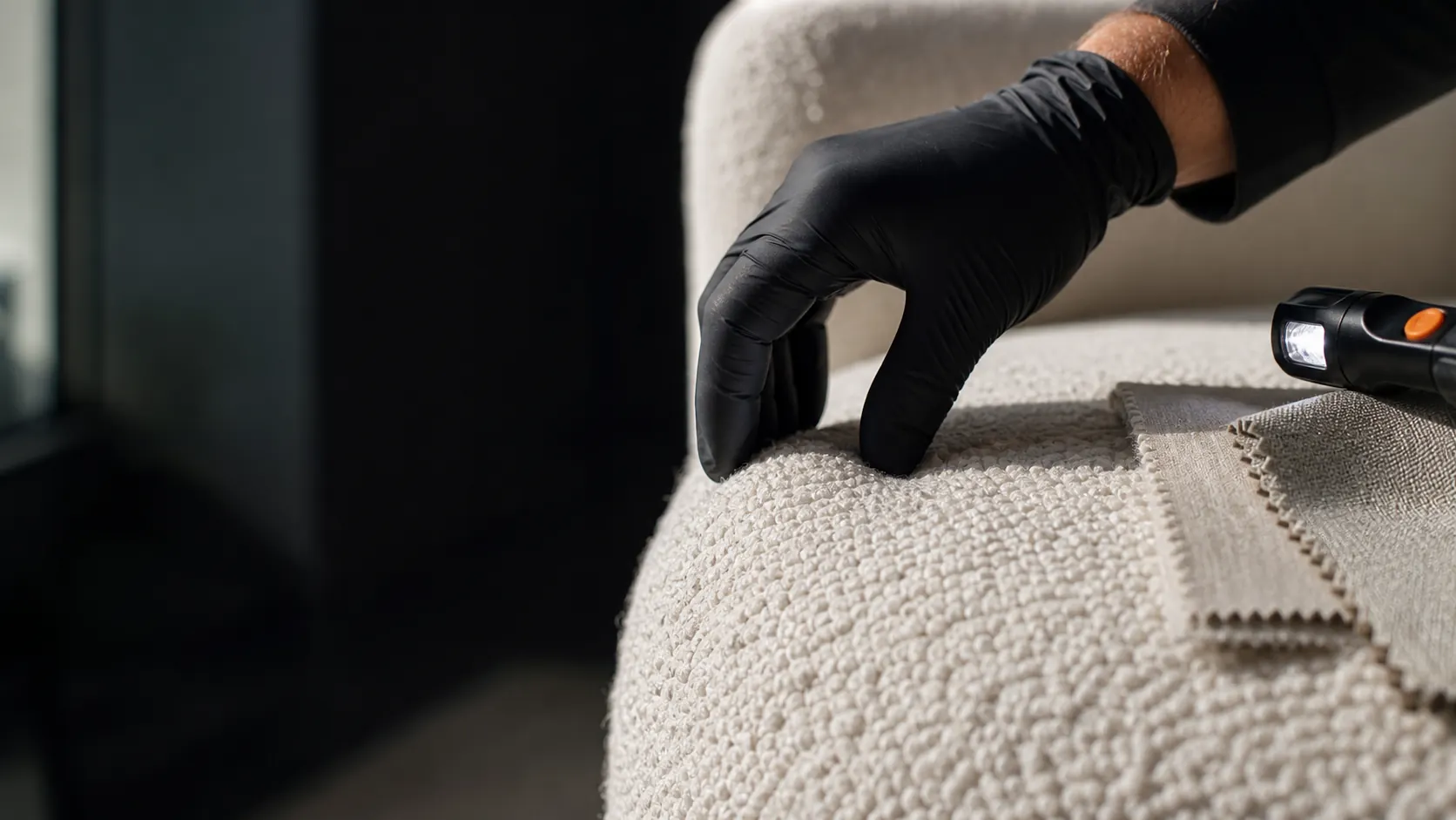 Technician inspecting bouclé upholstery texture